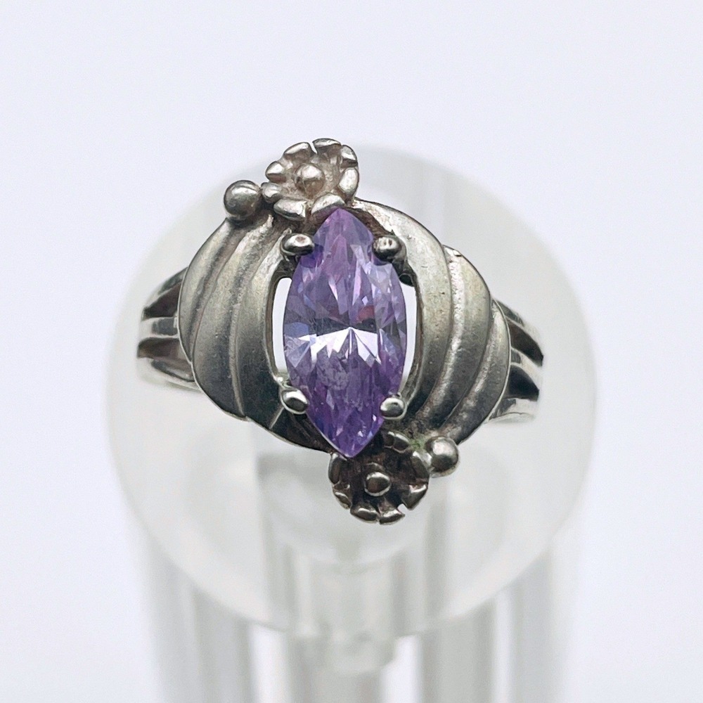 Sterling Silver Amethyst Color Floral Ring‎ Solitaire Marquise Purple Stone